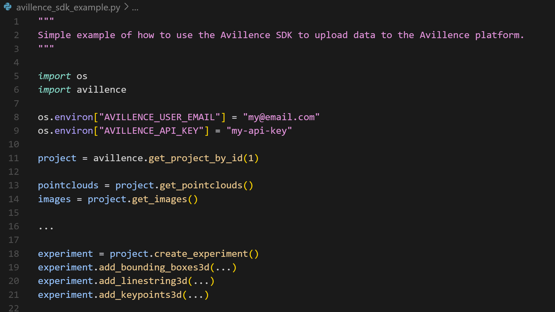 Screenshot Avillence Python SDK